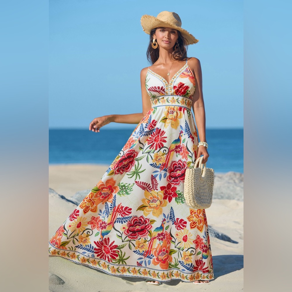 Large. New With Tag Cupshe White Maxi Dress with Multicolor Floral Print